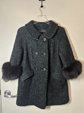 Basck Style 30182 Fur Cuff Pea Coat in Green/ Black, Size M